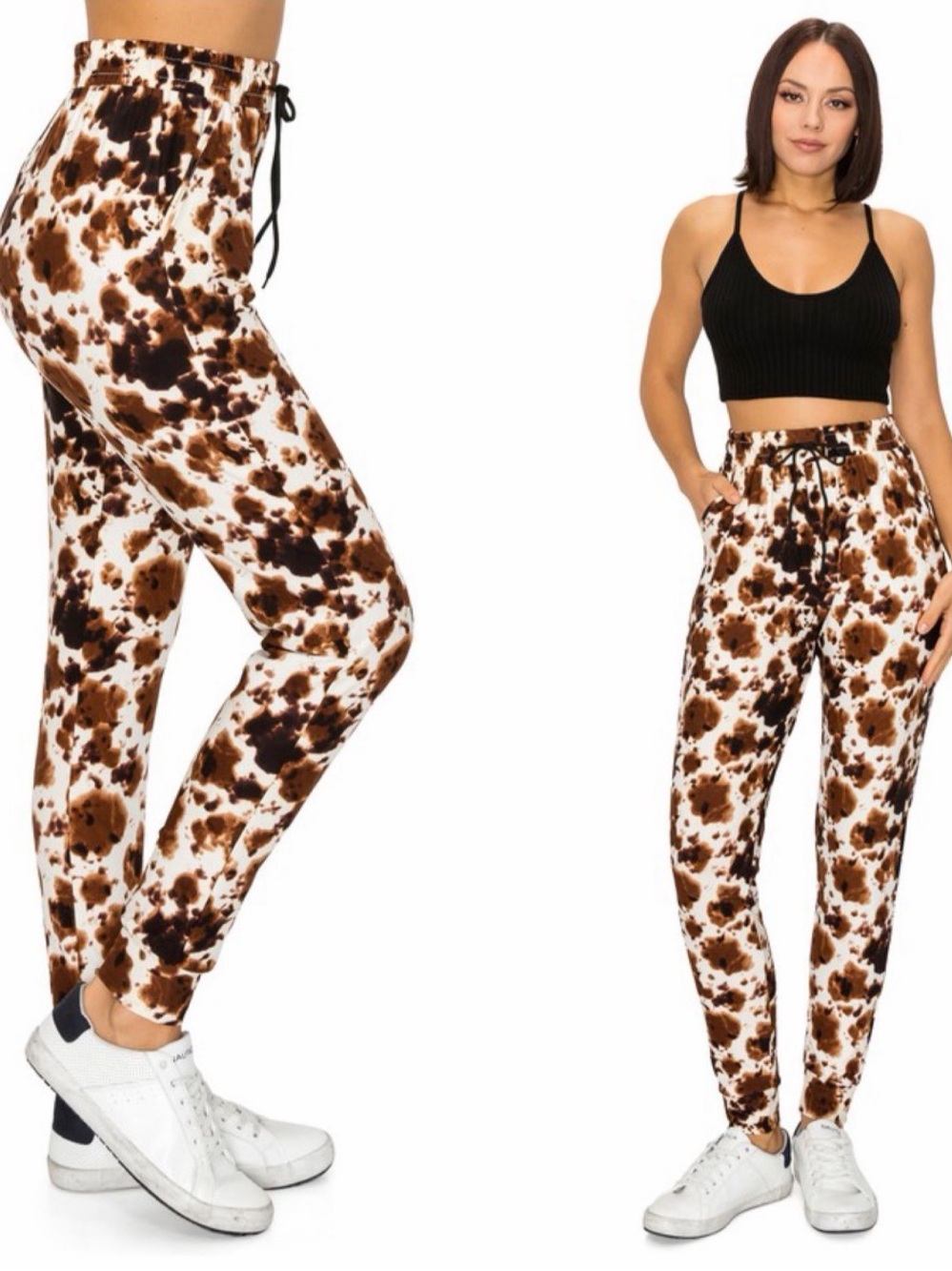 Rosio Cow Print (Brown & White) soft Jogger Pants with Pockets